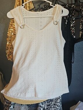 Sleeveless Eyelet Tank Top with Ring Strap - White